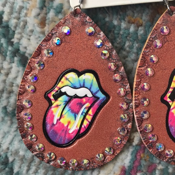 Rolling Stones Tie Dye Brown Faux Leather Earrings - Picture 3 of 5